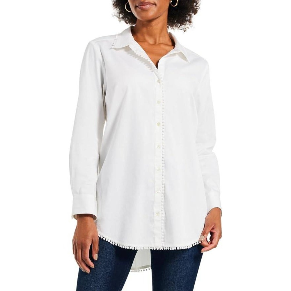 NIC+ZOE NWT $148 Cotton Stretch Pom Pom Trim Shirt Paper White Plus Size 3X New